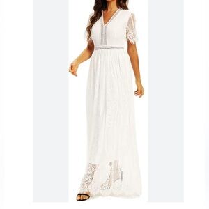 Women's Elegant V-Neck Short Sleeve Lace Wedding Party Maxi Cocktail Maxi Dress